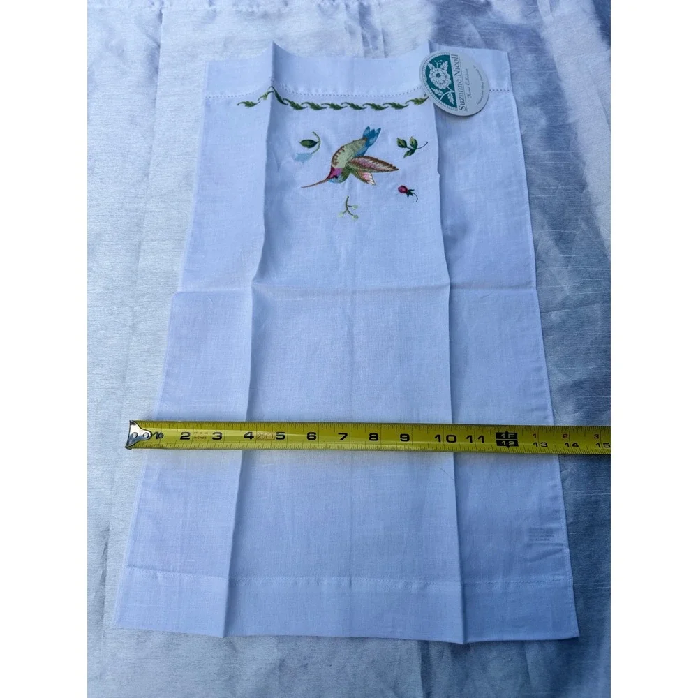 Suzanne Nicoll Hummingbird Embroidered Guest Towels Set of 2 Linen Cotton White